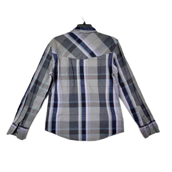 G by Gues Men's Size Medium Plaid Polo Dress Shirt Gray Cotton Long Sleeves - Picture 5 of 8